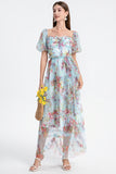 Floral Puff Sleeve Tiered Tulle Maxi Dress