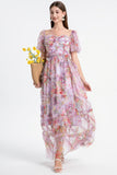 Floral Puff Sleeve Tiered Tulle Maxi Dress