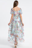 Floral Puff Sleeve Tiered Tulle Maxi Dress