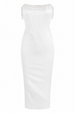 Pearl Fringe Strapless Corset Midi Dress