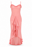 Ruffle Ruched Mesh Midi Dress