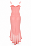 Ruffle Ruched Mesh Midi Dress