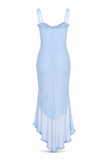 Ruffle Ruched Mesh Midi Dress