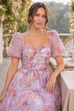 Floral Puff Sleeve Tiered Tulle Maxi Dress