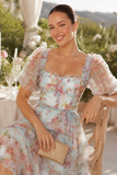 Floral Puff Sleeve Tiered Tulle Maxi Dress