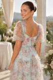 Floral Puff Sleeve Tiered Tulle Maxi Dress