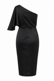 Satin One-Shoulder Draped Midi Dress