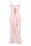 Blush Ruffle Cutout Mesh Maxi Dress