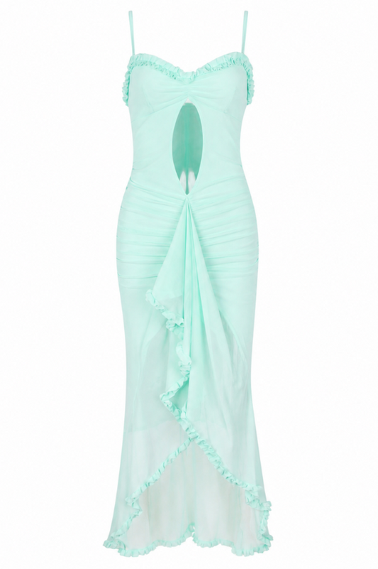 Blush Ruffle Cutout Mesh Maxi Dress
