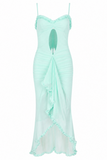 Blush Ruffle Cutout Mesh Maxi Dress