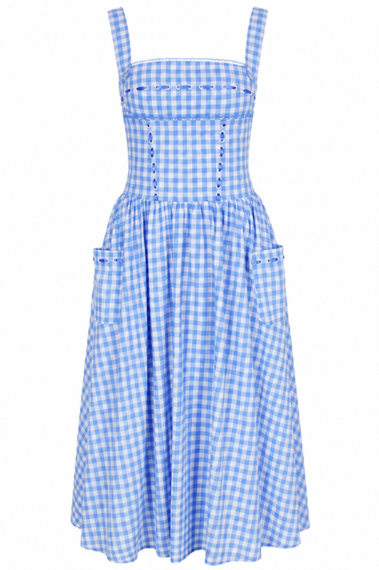 Mia Blue Gingham Spaghetti Strap Midi Dress