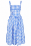 Mia Blue Gingham Spaghetti Strap Midi Dress