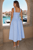 Mia Blue Gingham Spaghetti Strap Midi Dress