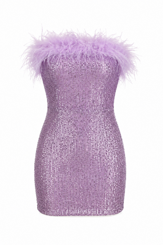 Feather Trim Strapless Sequin Mini Dress