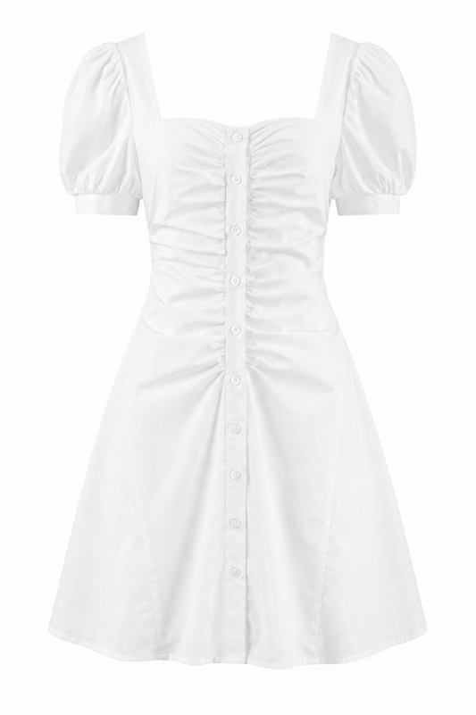 White Puff Sleeve Ruched Mini Dress