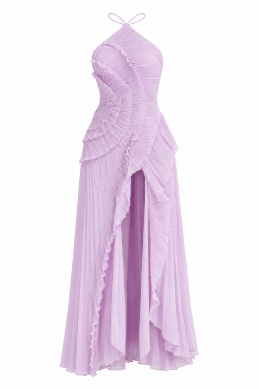 Isabella Pleated Ruffle Halter Prom Dress