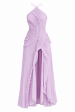 Isabella Pleated Ruffle Halter Prom Dress