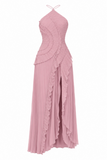 Isabella Pleated Ruffle Halter Prom Dress