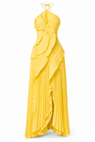 Isabella Pleated Ruffle Halter Prom Dress