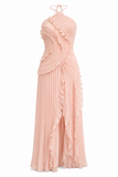 Isabella Pleated Ruffle Halter Prom Dress