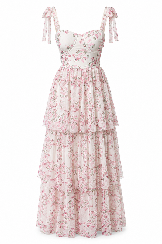 Isla Tie Up Floral Print Tiered Maxi Dress