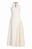 Elena Halter Keyhole Pleated Midi Dress