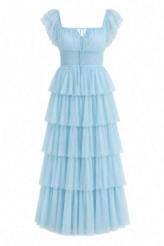 Willa Tie Front Ruffle Tulle Maxi Dress