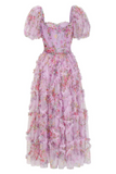 Floral Puff Sleeve Tiered Tulle Maxi Dress