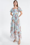 Floral Puff Sleeve Tiered Tulle Maxi Dress