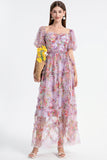 Floral Puff Sleeve Tiered Tulle Maxi Dress