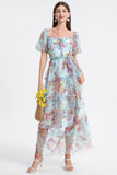 Floral Puff Sleeve Tiered Tulle Maxi Dress
