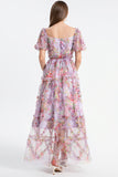 Floral Puff Sleeve Tiered Tulle Maxi Dress