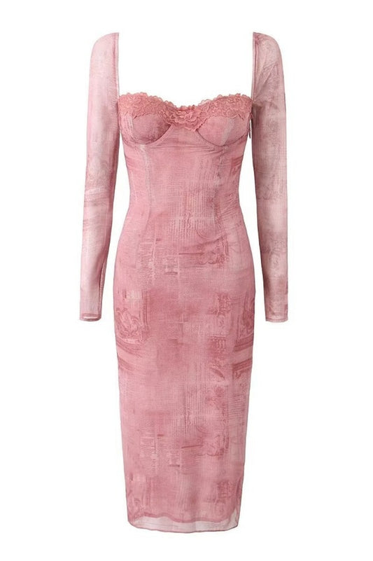 Lace Trim Mesh Midi Bodycon Dress
