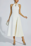 Elena Halter Keyhole Pleated Midi Dress