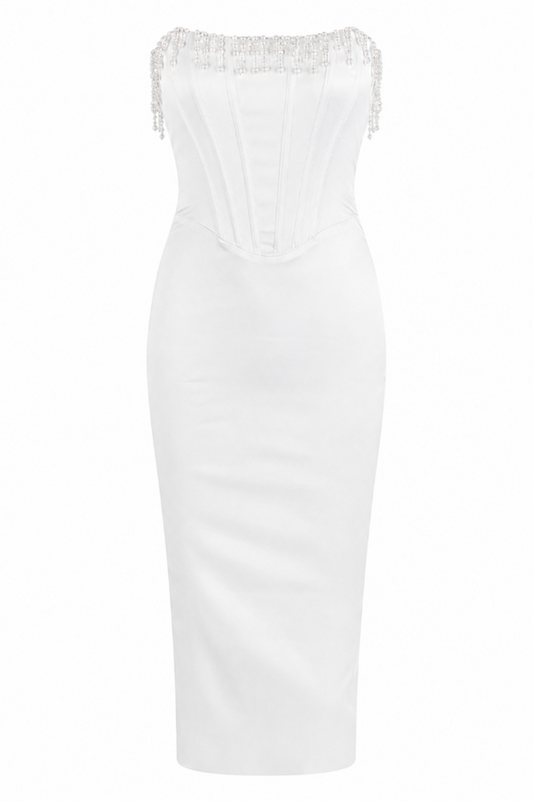Pearl Fringe Strapless Corset Midi Dress