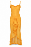 Ruffle Ruched Mesh Midi Dress