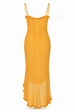 Ruffle Ruched Mesh Midi Dress