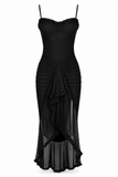 Ruffle Ruched Mesh Midi Dress