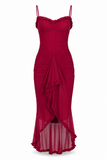 Ruffle Ruched Mesh Midi Dress