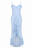 Ruffle Ruched Mesh Midi Dress
