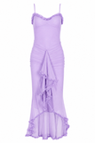 Ruffle Ruched Mesh Midi Dress