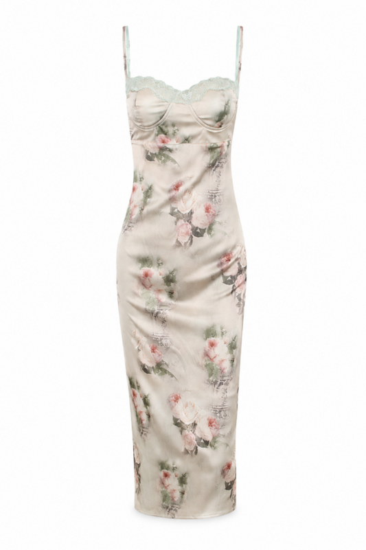 Vintage Floral Satin Bustier Midi Dress