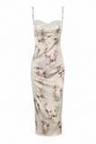 Vintage Floral Satin Bustier Midi Dress
