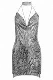 Backless Metallic Halter Dress