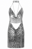 Backless Metallic Halter Dress