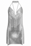 Backless Metallic Halter Dress
