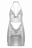 Backless Metallic Halter Dress