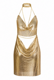 Backless Metallic Halter Dress