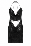 Backless Metallic Halter Dress
