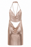 Backless Metallic Halter Dress